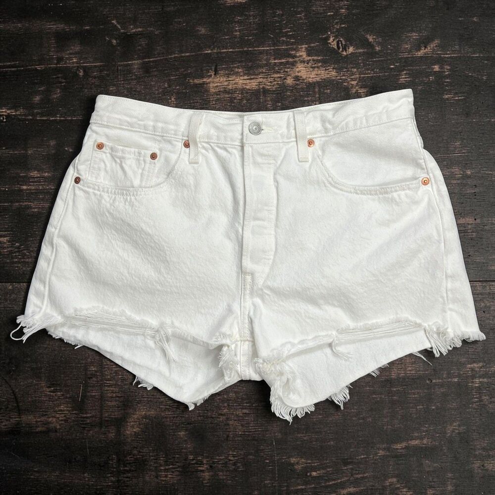 Levis Premium 501 Original Cutoff Shorts White Denim High Rise Button Fly W-L
